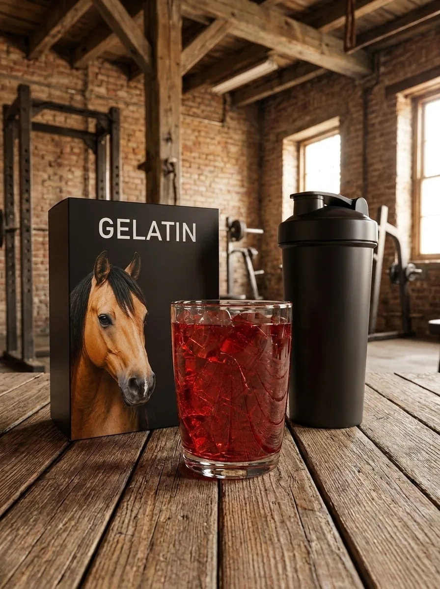 A box of gelatin, a glass of set red gelatin and a black shaker on a plank floor in a brick warehouse gym.