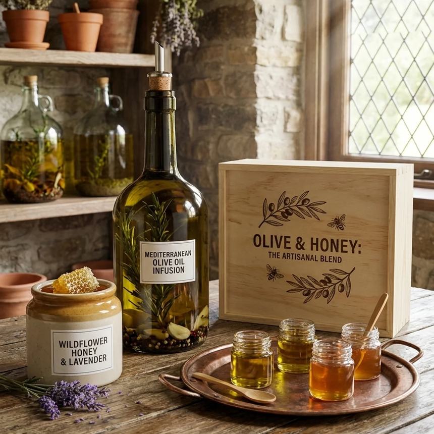 Rustic kitchen table with a bottle of olive oil, a jar of honey with honeycomb, small tasting jars on a copper tray and a wooden box