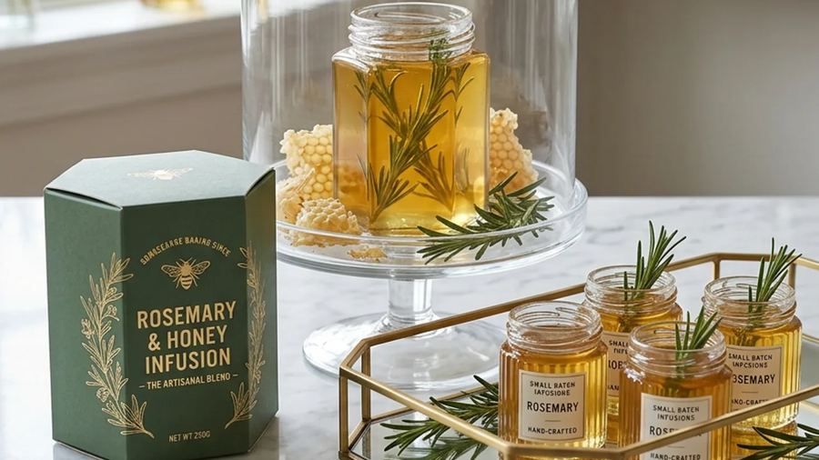 A marble kitchen counter with a green box, a glass cloche over a jar of honey with rosemary, and small jars on a gold tray.