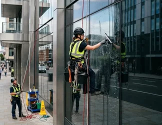 clean windows without streaks Two window cleaners in helmets and hi‑vis vests: one suspended on ropes squeegeeing a glass facade, another on sidewalk managing ropes and equipment.