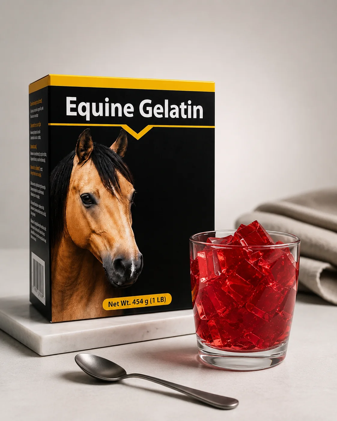 A boxed product on a marble surface beside a glass, with a spoon and folded cloth in a minimal studio setting.