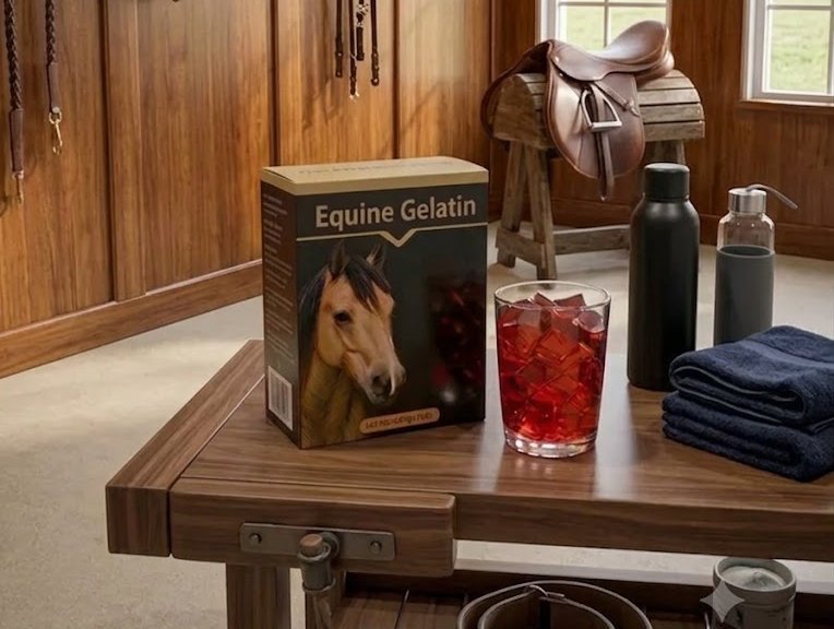 A wooden bench in a tack room with a glass and a bottle set out beside folded towels