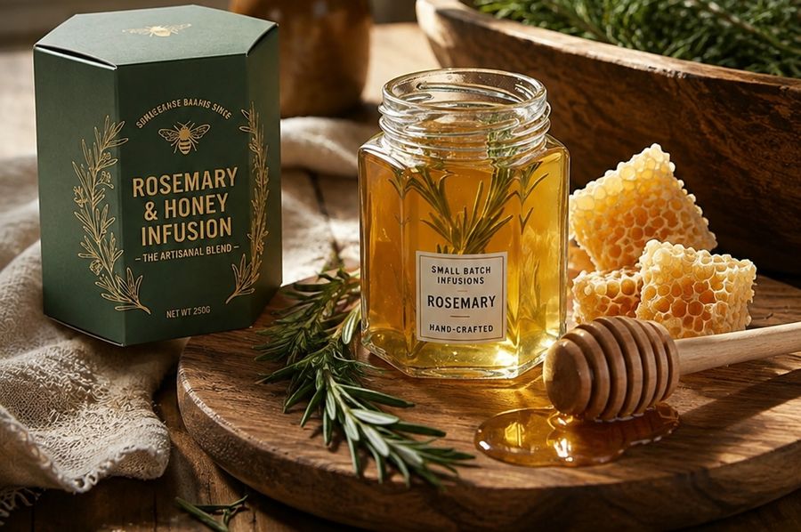 A wooden board by a window: a jar of honey with a sprig of rosemary inside, pieces of honeycomb, a wooden dipper and a small green box.