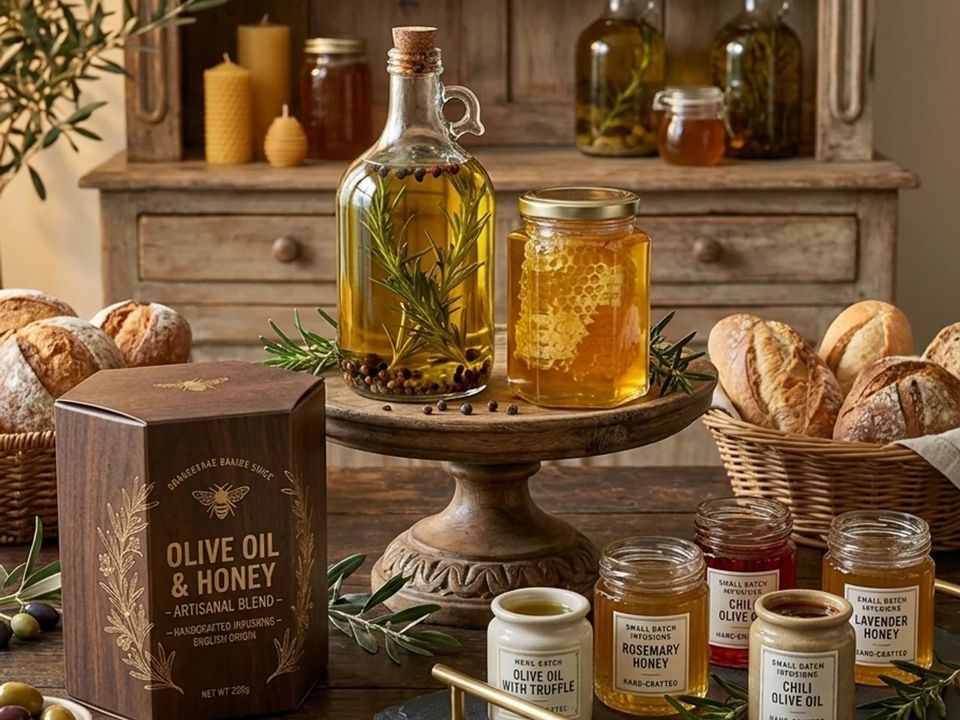 A wooden kitchen table set with a bottle of olive oil, a jar of honey, bread and small jars on a shelf.