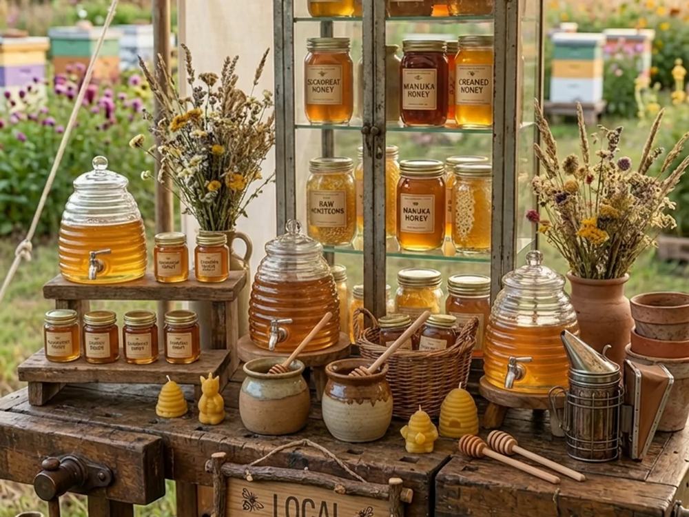 A wooden market stand at golden hour, lined with glass jars and honey dispensers.