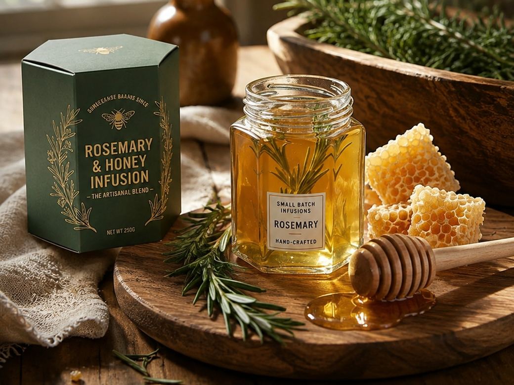 A wooden board by a window with a jar of honey holding rosemary, pieces of honeycomb, a honey dipper and a green box.