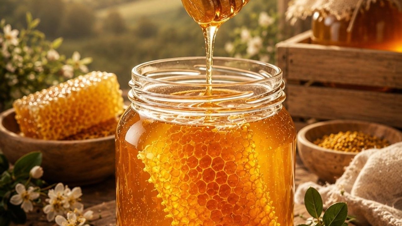 A jar of honey with honeycomb on a wooden table at sunrise