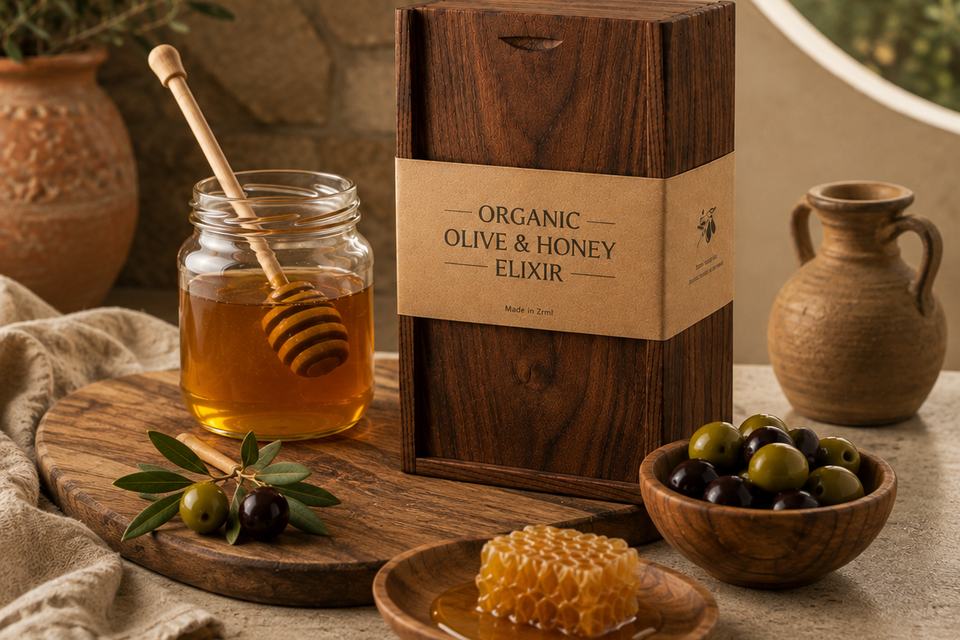 A wooden board on a stone counter holding a jar of honey with a dipper, an olive sprig, a piece of honeycomb on a small dish, a bowl of green and black olives and two clay jars.