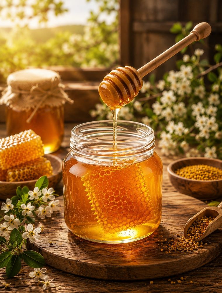 A glass jar of raw honey with a honeycomb inside, a wooden dipper drizzling honey, and a bowl of bee pollen on a rustic table at sunrise