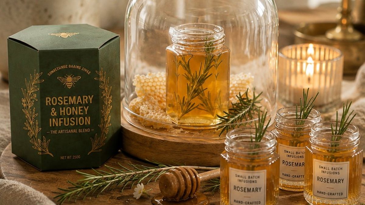 A wooden tray by candlelight holding a green box, a jar of rosemary-infused honey under a glass cloche, small labelled jars, a honey dipper and sprigs of rosemary.