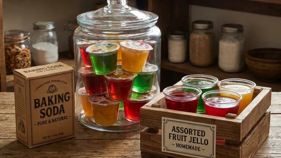 Glass pantry jar filled with homemade fruit gelatin cups beside a wooden crate on a farmhouse table