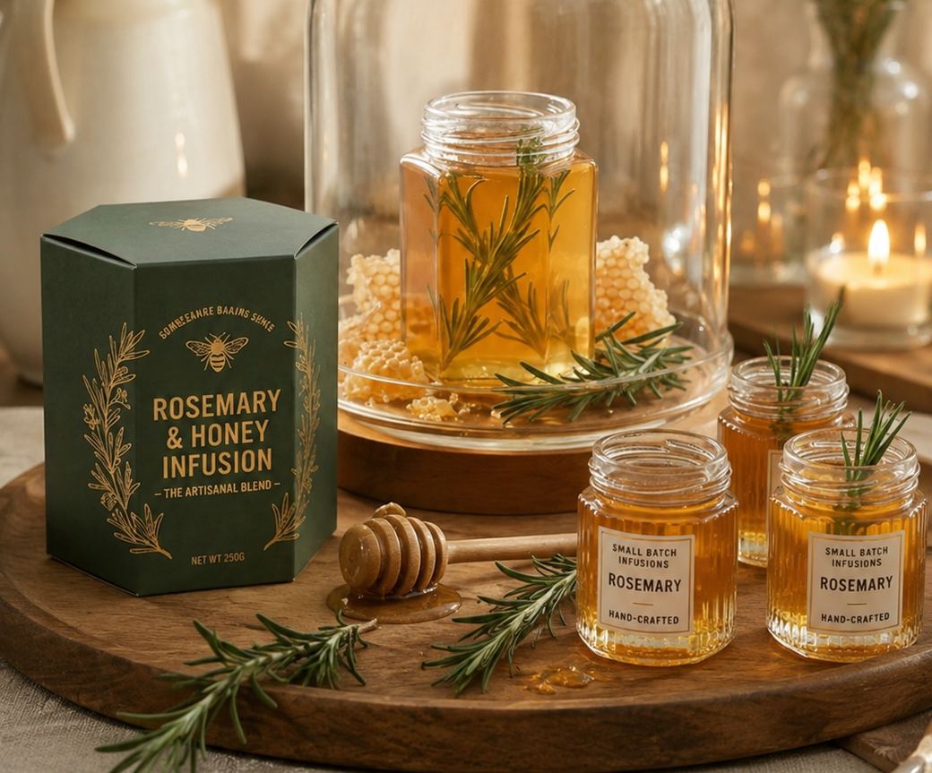 An evening counter: a wooden board with a glass cloche, a jar of honey holding a sprig of rosemary, small jars and a candle in the background.
