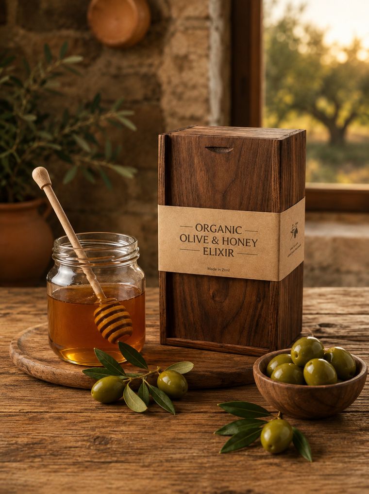 A glass jar of honey with a wooden dipper, a wooden box on a rustic table, olive branches and a bowl of green olives, with an olive grove seen through the window
