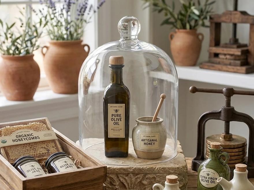 A kitchen table set with olive oil bottles, a honey jar, a honeycomb crate and an old olive press by the window