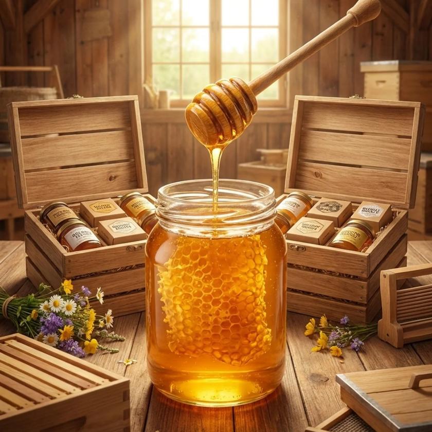 A glass jar of raw honeycomb honey on a farmhouse table, with a wooden dipper and open crates of jars behind it