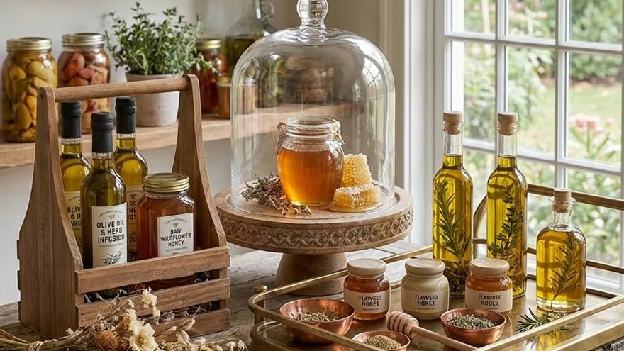 A kitchen table with olive oil bottles, jars of honey and a honeycomb under a glass cloche, next to a bread basket by a window