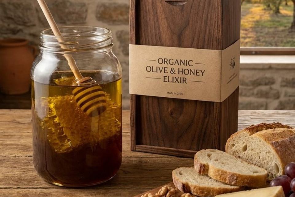 A tall glass jar holding honeycomb and a wooden dipper, a wooden box, sliced bread, walnuts and cheese on a rustic table, with an olive grove seen through the window