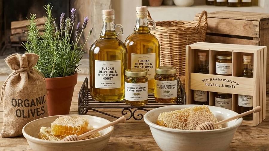 A rustic kitchen table set with olive oil bottles, ceramic bowls of honeycomb, rosemary and a wooden crate