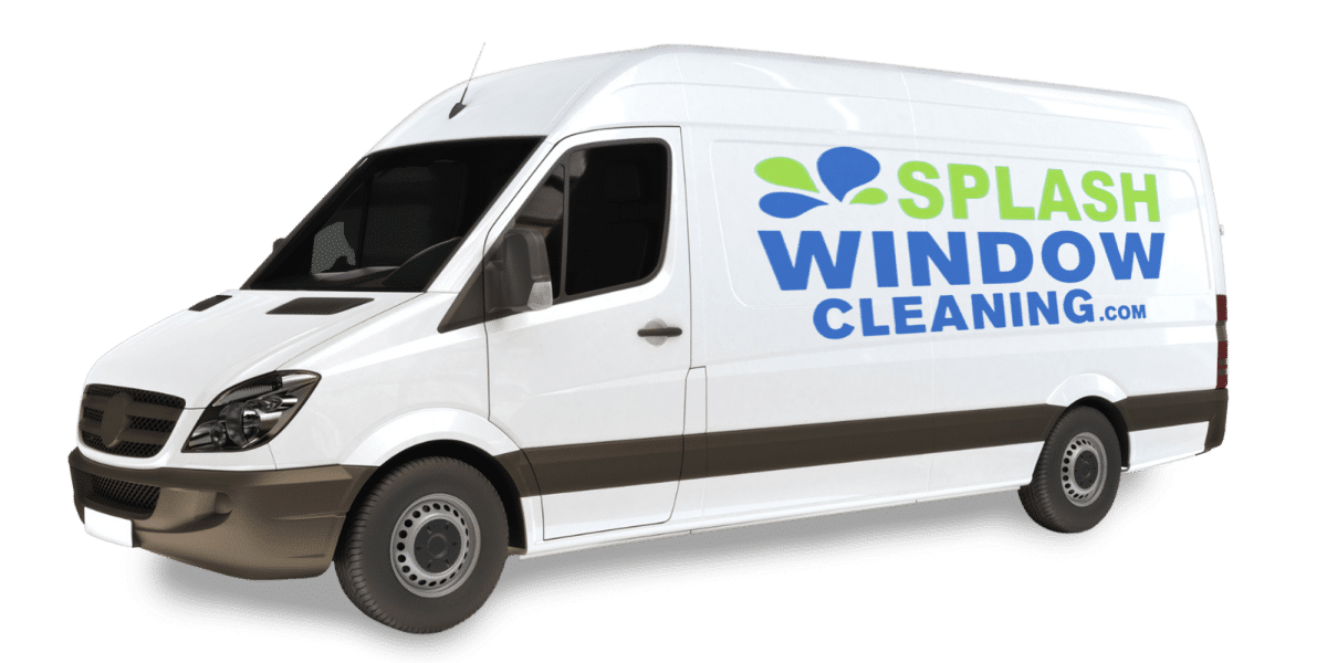 White van with "Splash Window Cleaning .com" logo on the side. The logo features green and blue water droplets above the company name in bold blue letters. The van is parked against a black background.