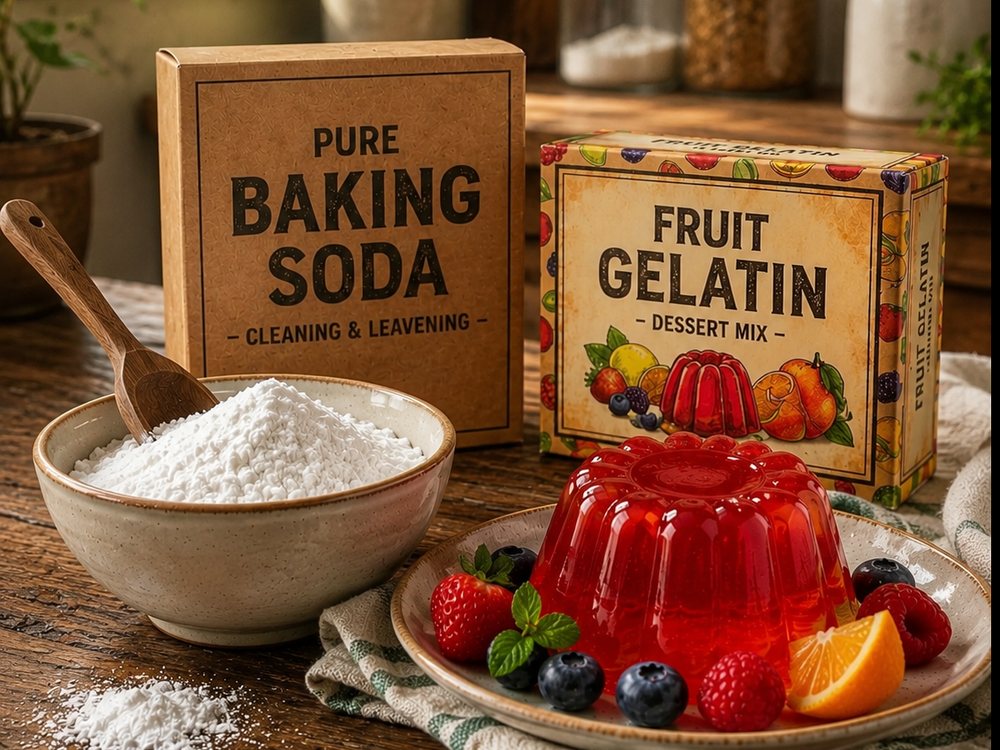 A box of baking soda and a box of fruit gelatin on a rustic wooden kitchen table, next to a bowl of white powder with a wooden spoon and a molded red gelatin dessert plated with strawberries, blueberries, raspberries and an orange wedge.