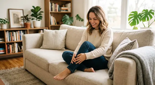 Woman resting on a couch holding her lower leg