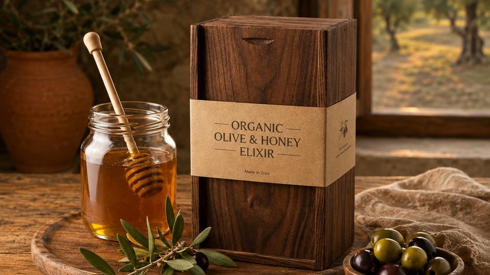An olive branch, a glass jar of honey with a wooden dipper, a bowl of olives and a wooden box on a rustic kitchen table, with an olive grove seen through the window