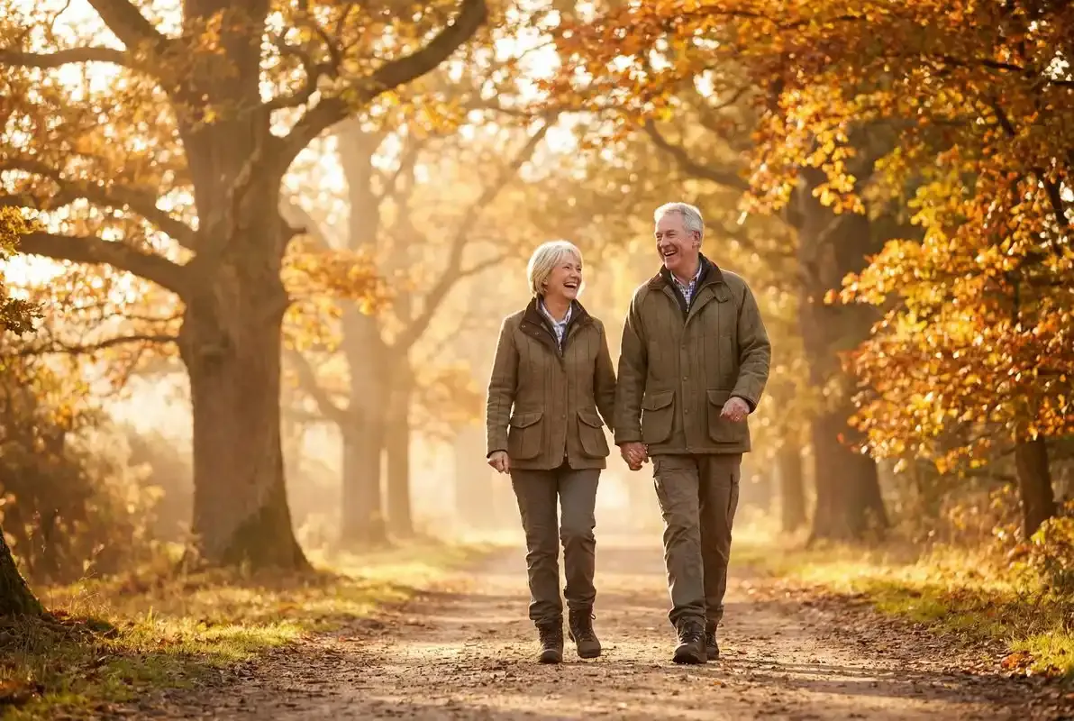 Couple enjoying a peaceful walk in nature, representing overall wellness and an active lifestyle