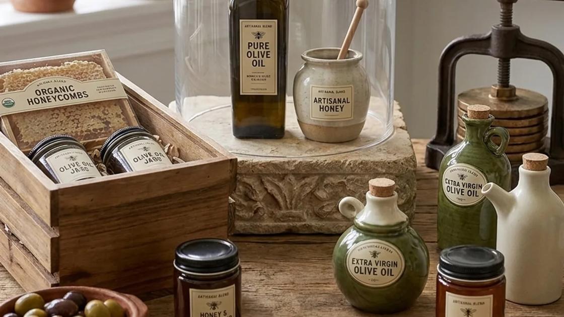 An old-world pantry shelf with olive oil bottles, honey jars, honeycomb in a wooden crate and a wooden press on a rustic table