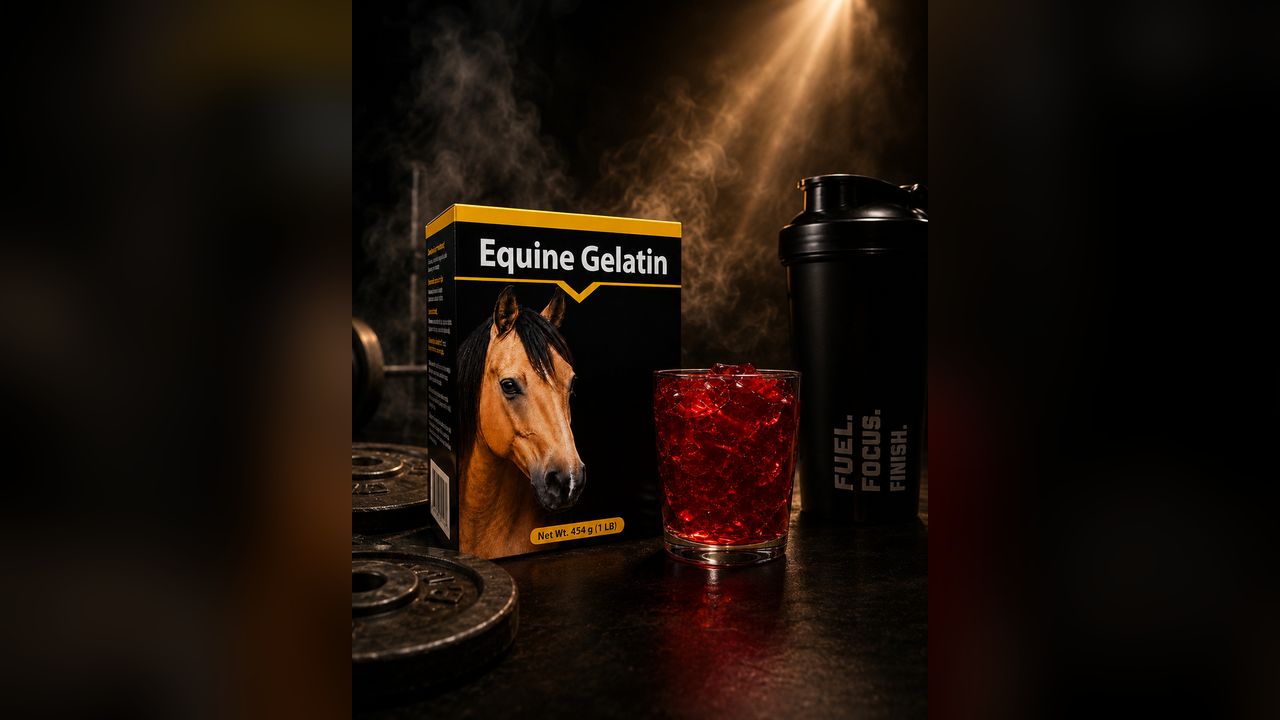 Video thumbnail: a box of equine gelatin, a prepared glass and a shaker under a spotlight