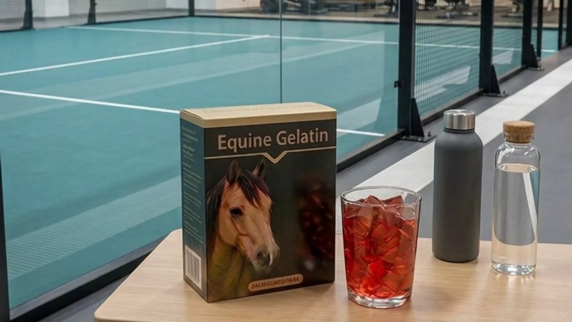 A wooden bench beside an indoor court with a glass of water and a bottle set out before a session