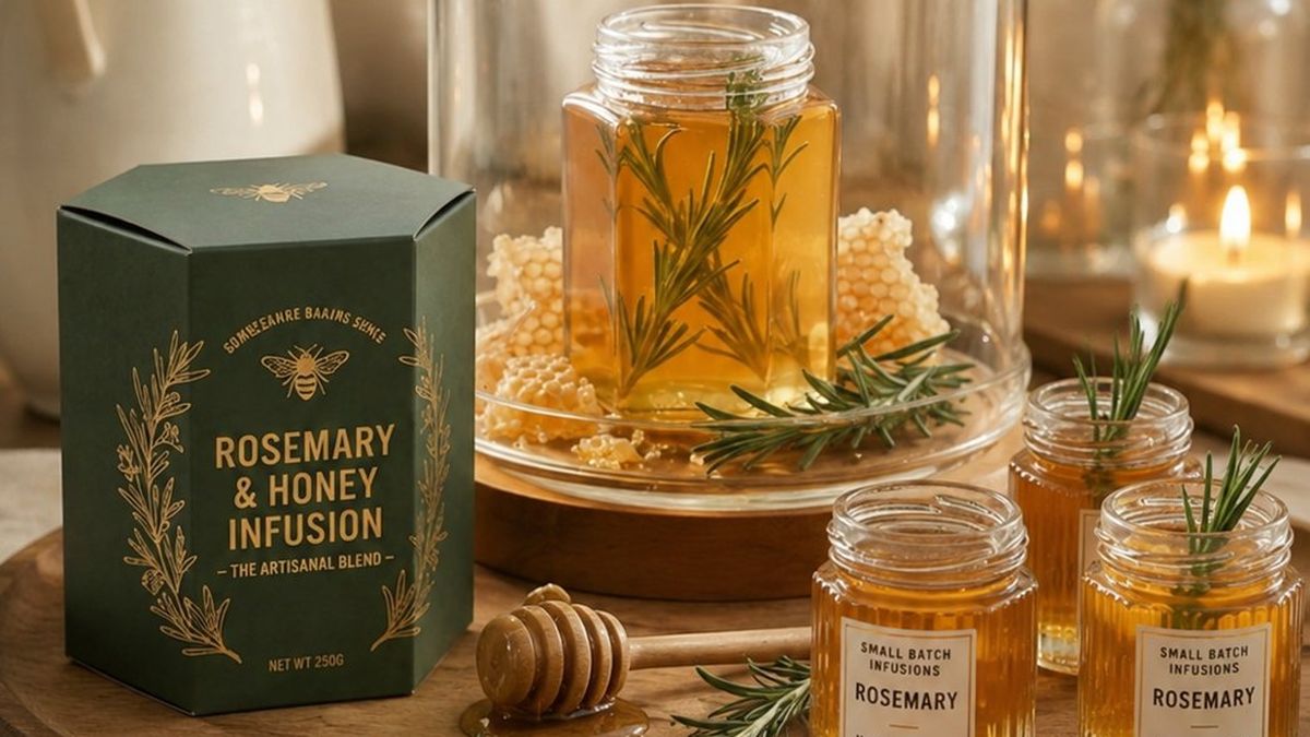 A kitchen tray at dusk with a green box, a glass jar of rosemary-infused honey under a cloche, small labelled jars, a wooden dipper and lit candles.
