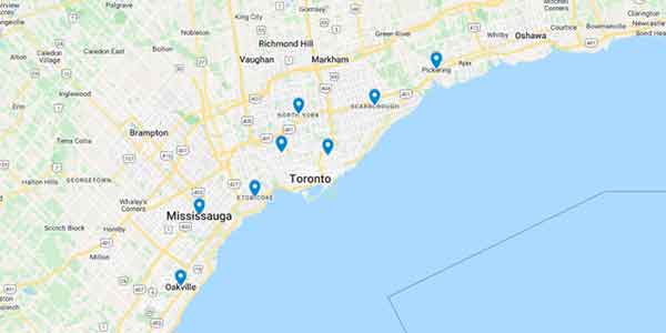 Map of the greater Toronto area with location pins in Mississauga, Oakville, Toronto, North York, Scarborough, Pickering, Markham, Richmond Hill, and Brampton.
