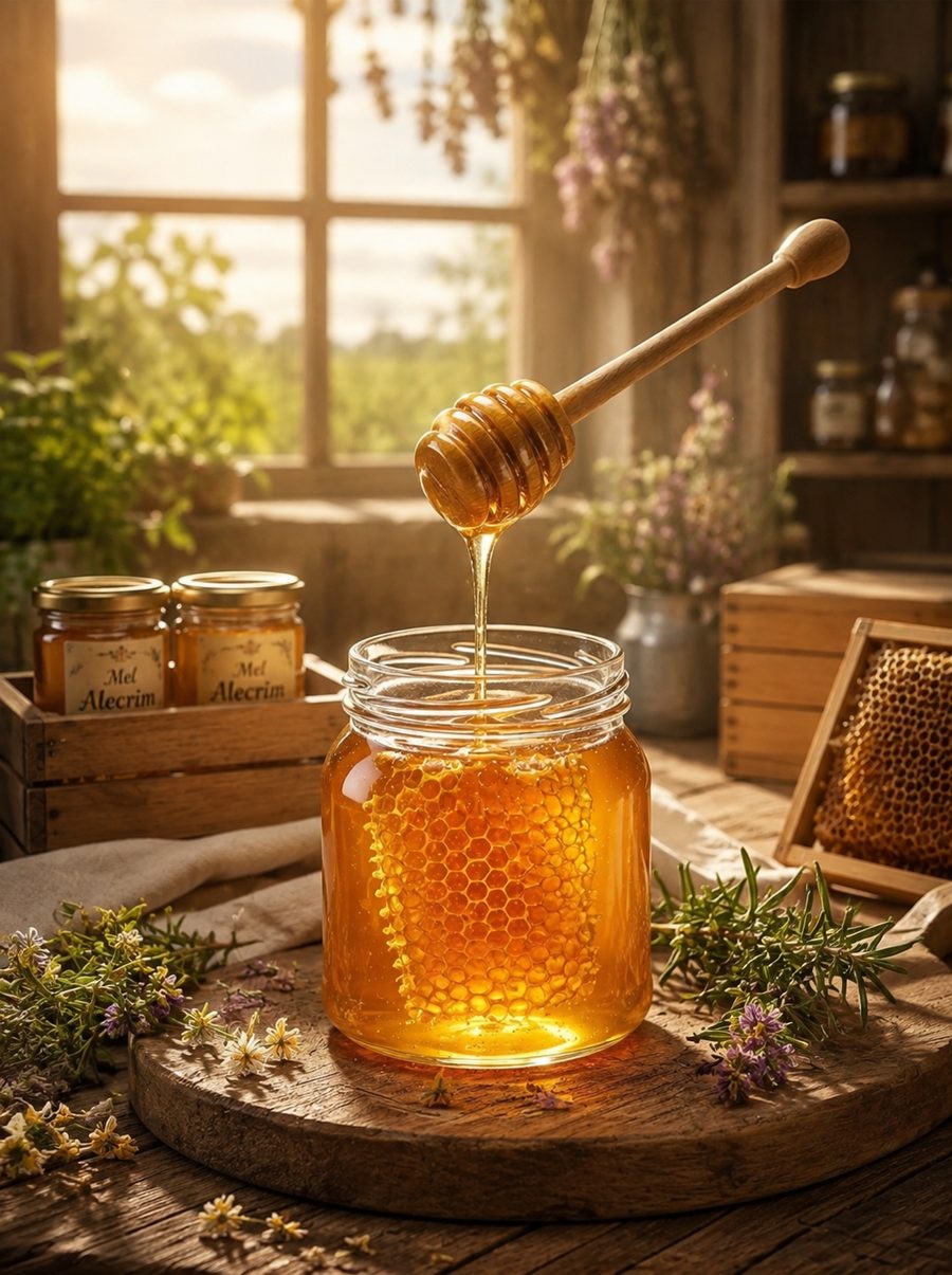 A glass jar of raw honey with honeycomb, a wooden dipper and fresh rosemary on a rustic kitchen table