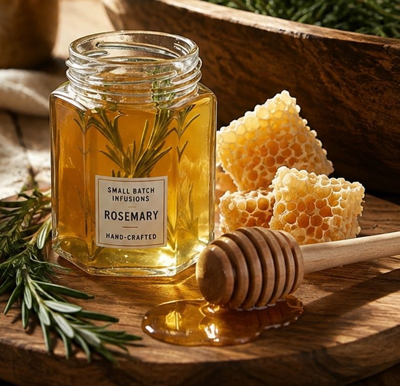 A wooden board on a kitchen table: a jar of honey with sprigs of rosemary inside, pieces of honeycomb, a wooden dipper and a cut sprig beside them.