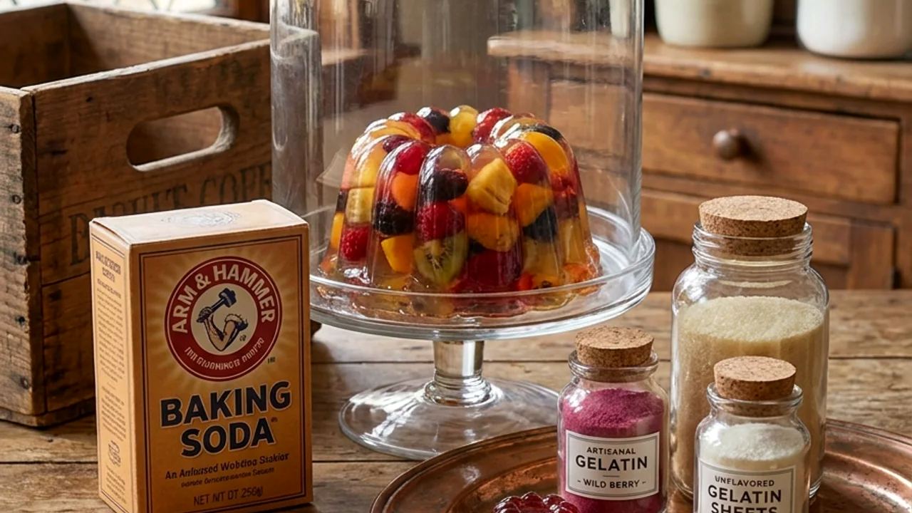 Fruit-set gelatin dessert under a glass cloche on a rustic kitchen table, beside jars of unflavored gelatin and gelatin sheets