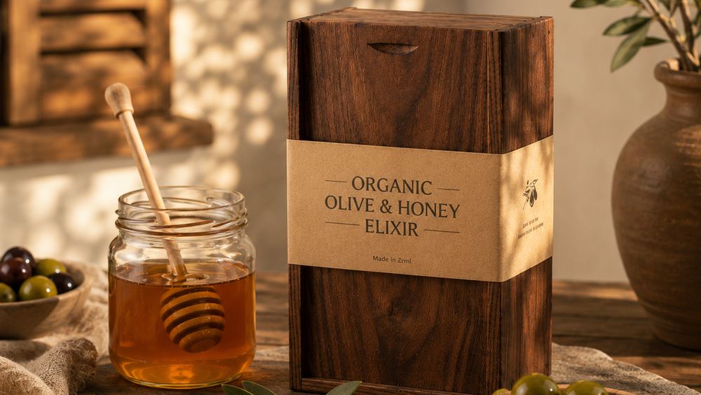 An open jar of honey with a wooden dipper next to a wooden box, olives in bowls and an olive branch on a rustic table in afternoon light.