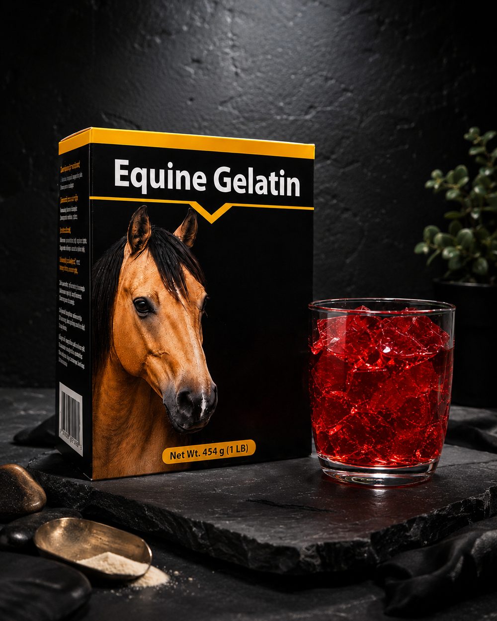 A carton labelled Equine Gelatin beside a glass of set red gelatin on a slate board