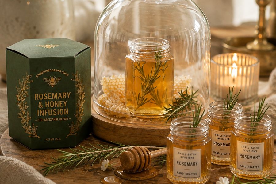 A wooden board on a table: a jar of honey with a sprig of rosemary under a glass cloche, small jars, a wooden dipper and a candle burning beside them.