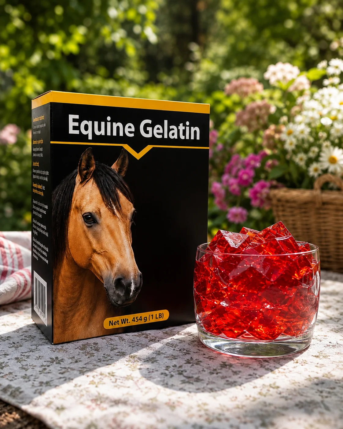 A boxed product and a glass bowl photographed on a garden table in the morning sun, with flowers behind.