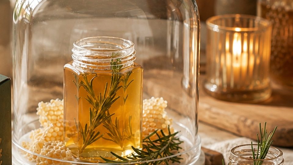A quiet kitchen counter after dark: a glass cloche over a jar of honey with rosemary sprigs, honeycomb alongside, a candle glowing behind.