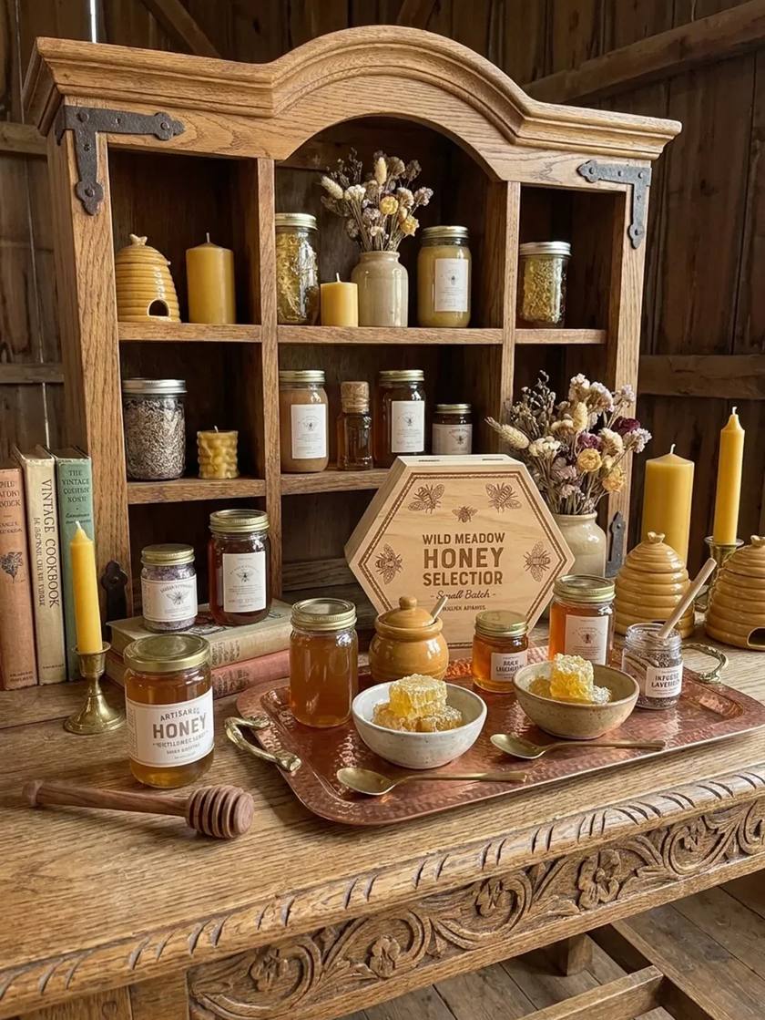 A wooden shelf of small-batch honey jars, beeswax candles and honeycomb on a copper tray
