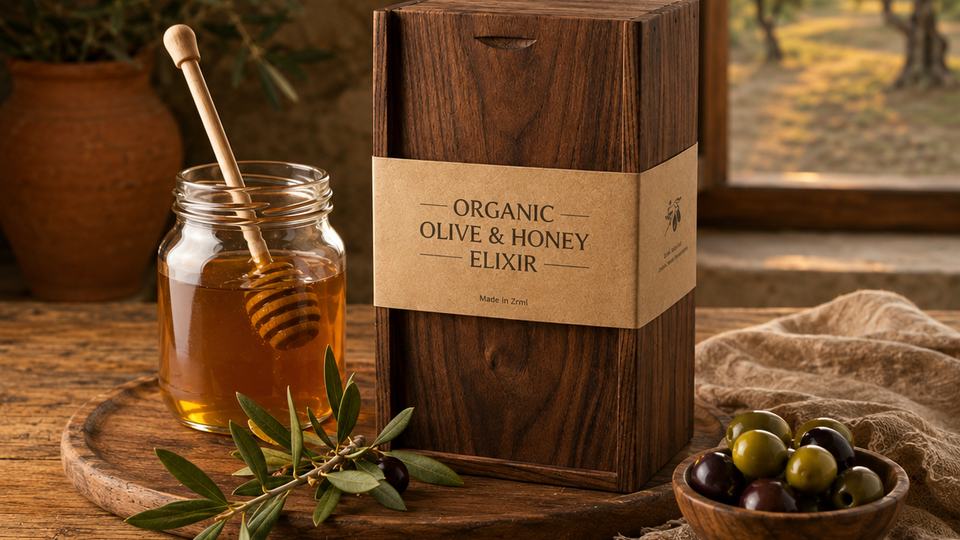 A jar of honey with a wooden dipper, an olive branch and a bowl of olives on a wooden table beside a window looking out on an olive grove at dusk.