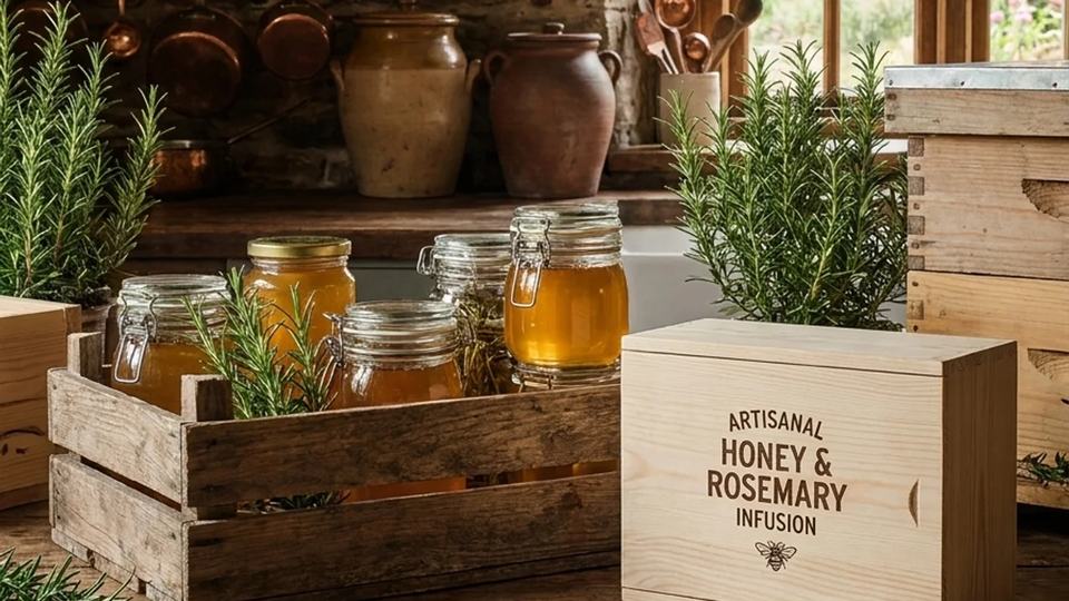 A rustic farmhouse kitchen with jars of honey in a wooden crate, sprigs of rosemary, clay pots on a shelf and copper pans on the wall