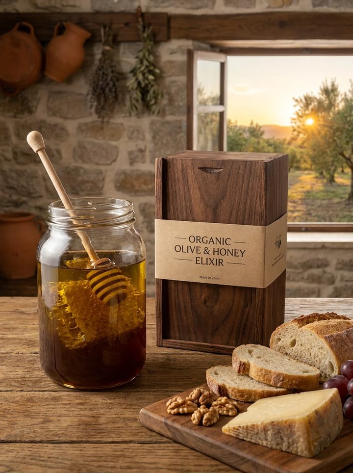 A rustic stone kitchen with a glass jar of honeycomb, a sliced loaf of bread, walnuts and cheese on a wooden board, and an olive grove at sunset through the window