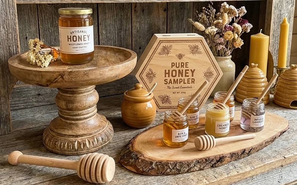 Jars of raw honey, wooden dippers and beeswax candles arranged on a rustic wooden shelf
