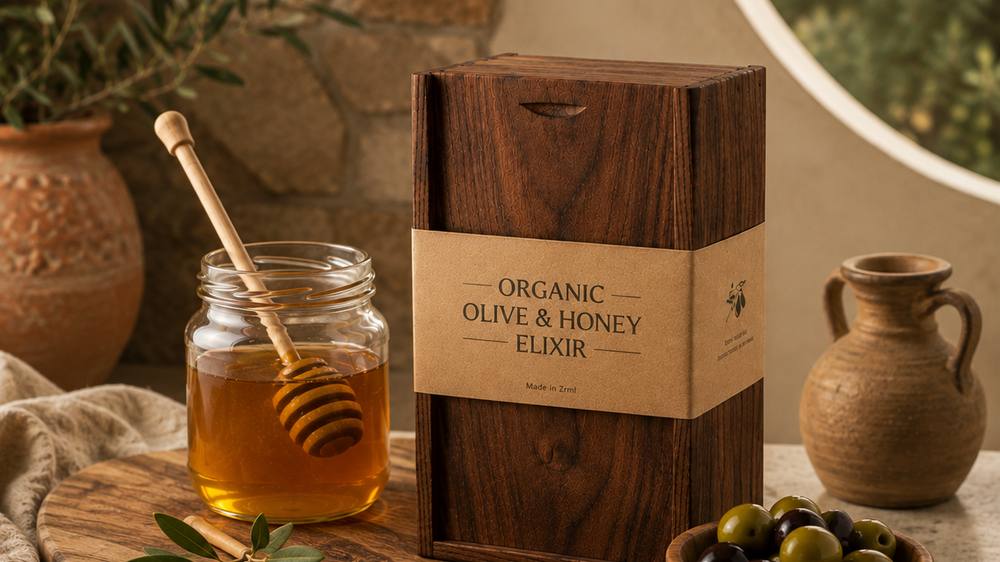 A honey jar with a wooden dipper, a wooden box, a clay pitcher and a bowl of olives arranged on a rustic kitchen table