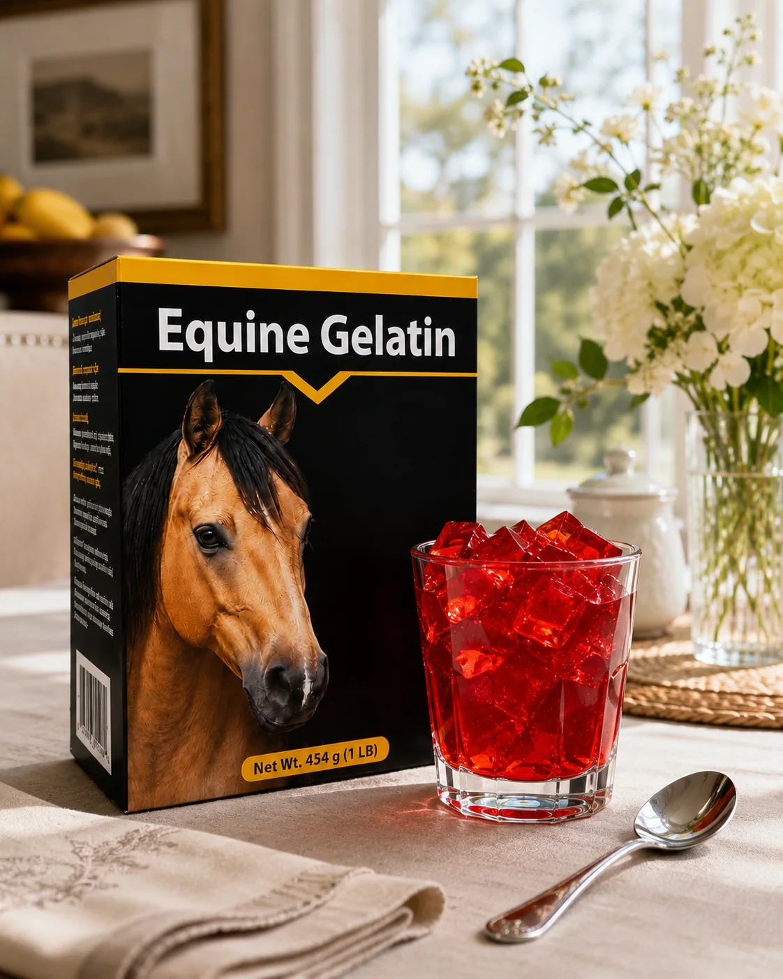 A boxed product on a dining table beside a glass, with white flowers, a window with garden view and warm morning light.