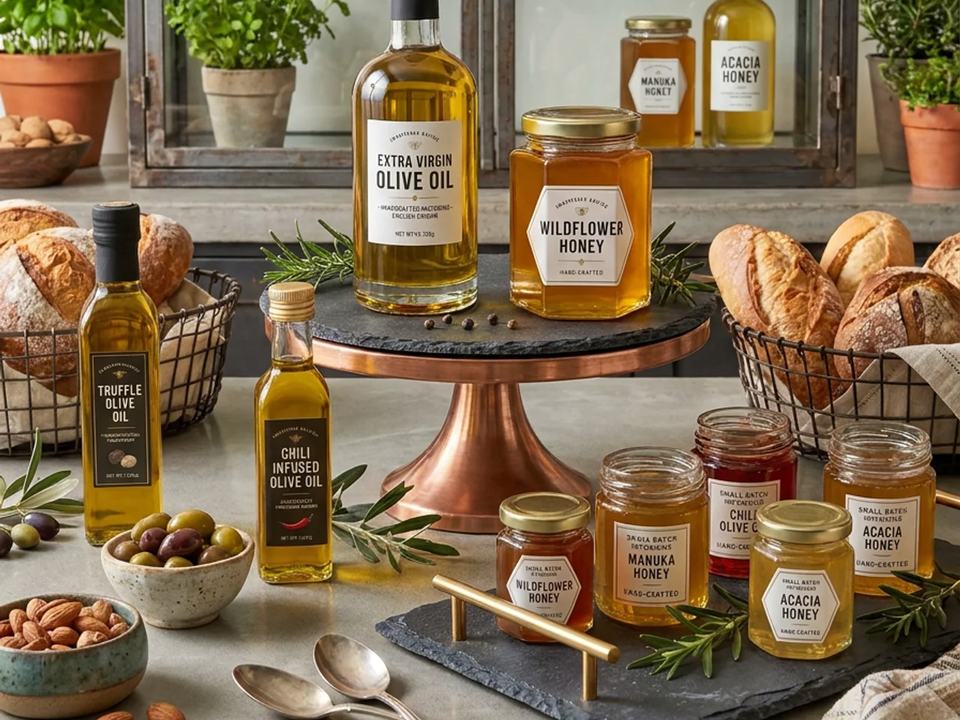A kitchen counter set with olive oil bottles, jars of honey, fresh bread, olives and herbs.