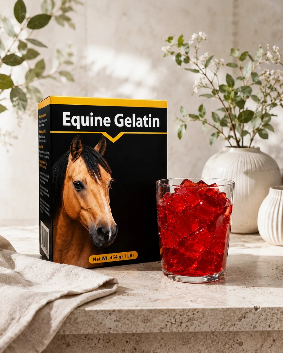 A box of equine gelatin beside a glass of set red gelatin on a travertine counter in daylight.