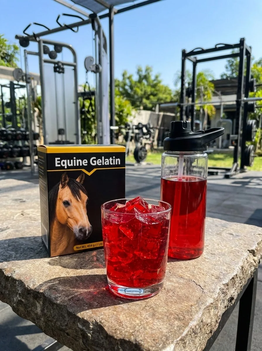 A box of equine gelatin, a glass of set red gelatin and a bottle on a stone bench at an outdoor gym.